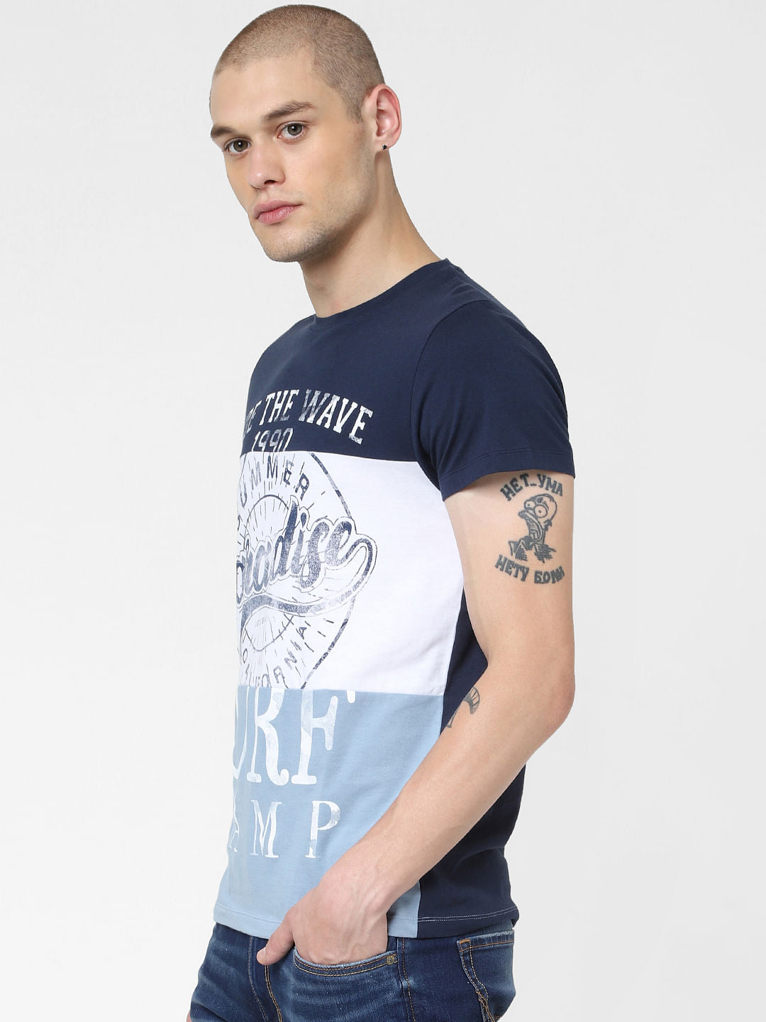 Navy Blue Colourblocked Crew Neck T-shirt