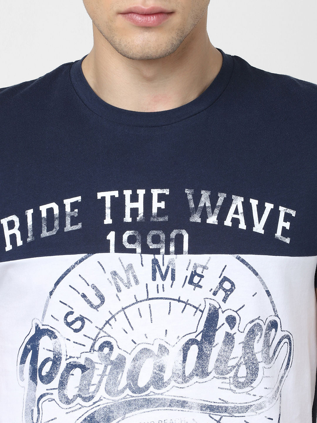 Navy Blue Colourblocked Crew Neck T-shirt