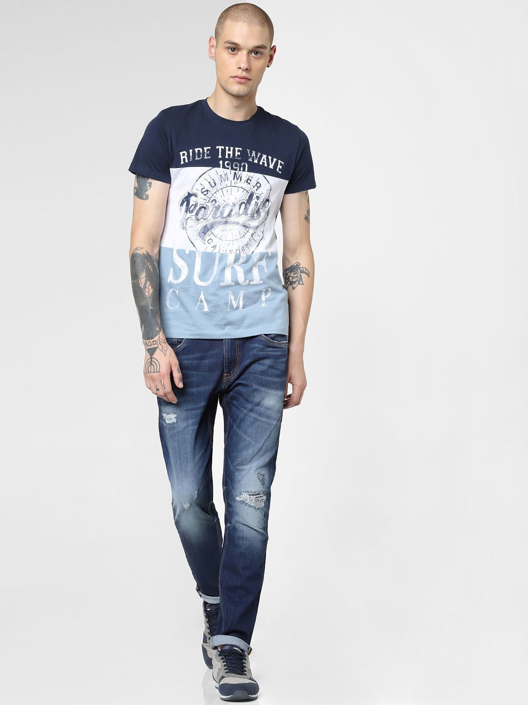 Navy Blue Colourblocked Crew Neck T-shirt