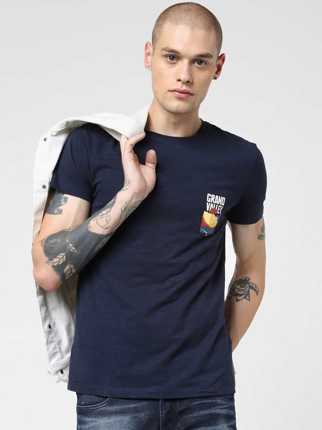 Navy Blue Graphic Print Crew Neck T-shirt - S