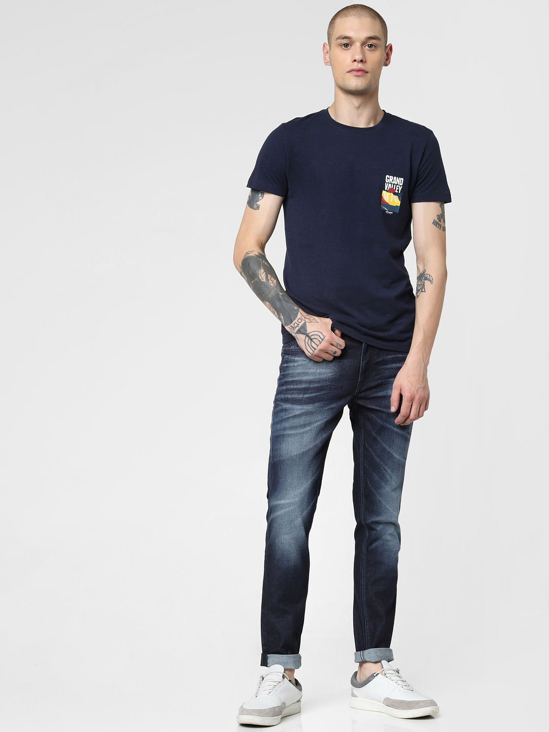 Navy Blue Graphic Print Crew Neck T-shirt