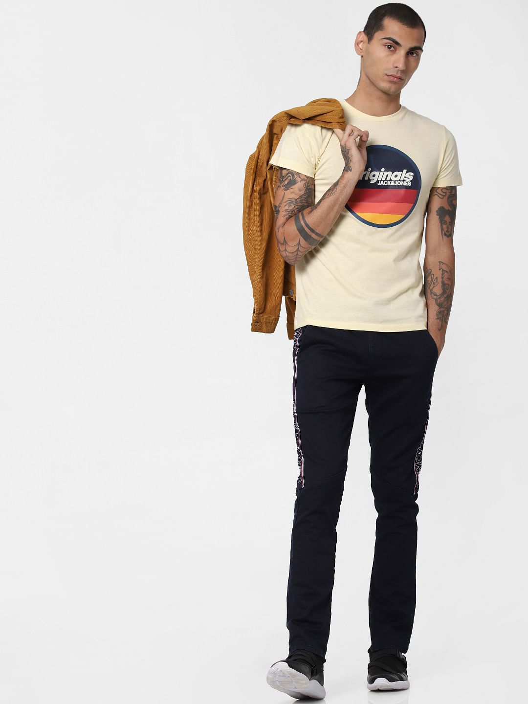 Light Yellow Logo Print Crew Neck T-shirt - S