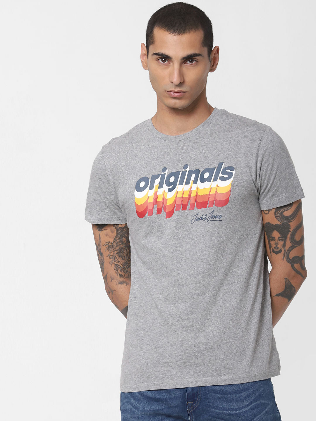 Grey Logo Print Crew Neck T-shirt