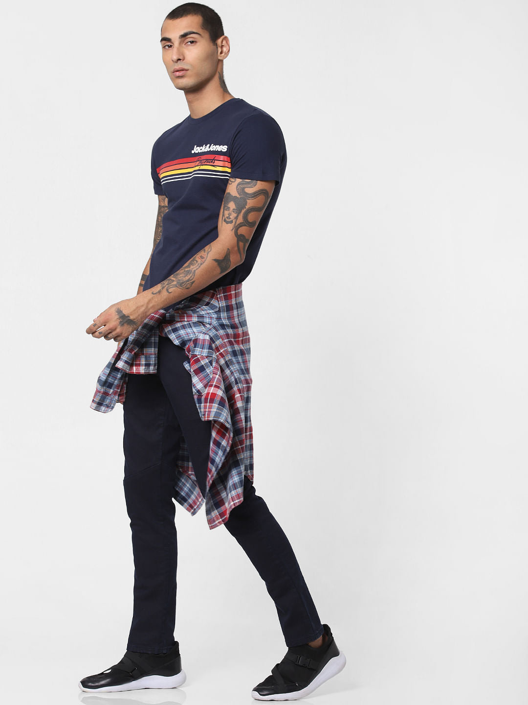 Navy Blue Logo Print Crew Neck T-shirt - S
