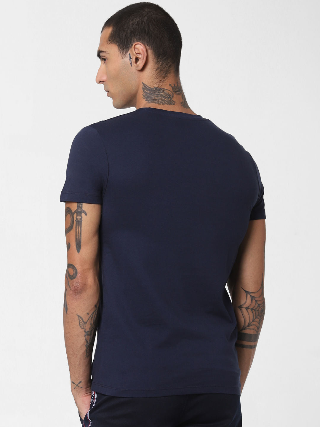 Navy Blue Logo Print Crew Neck T-shirt