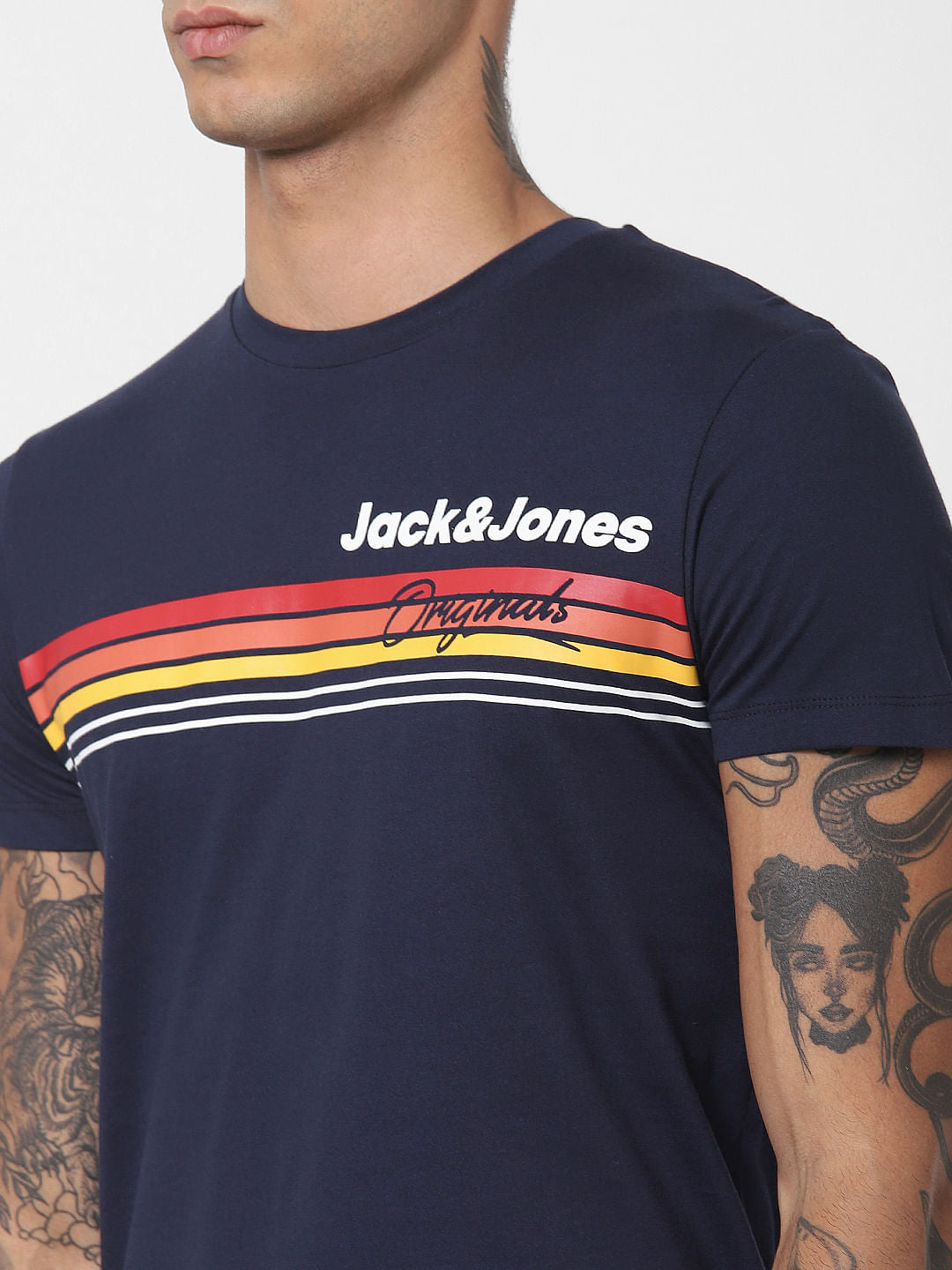 Navy Blue Logo Print Crew Neck T-shirt