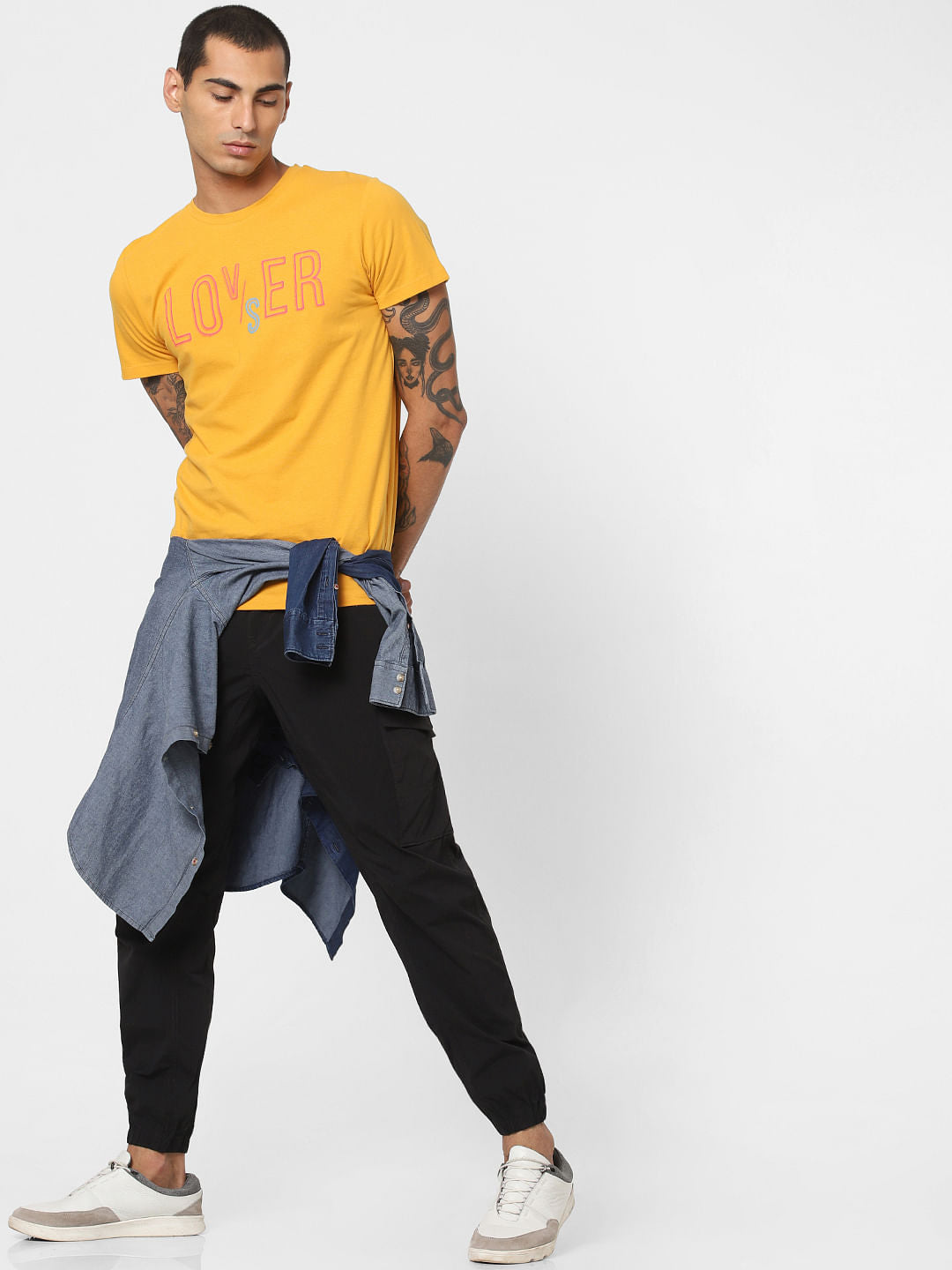 Yellow Text Print Crew Neck T-shirt - S
