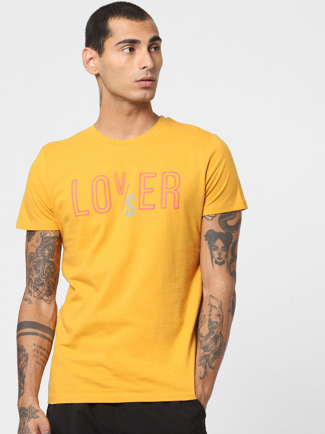 Yellow Text Print Crew Neck T-shirt