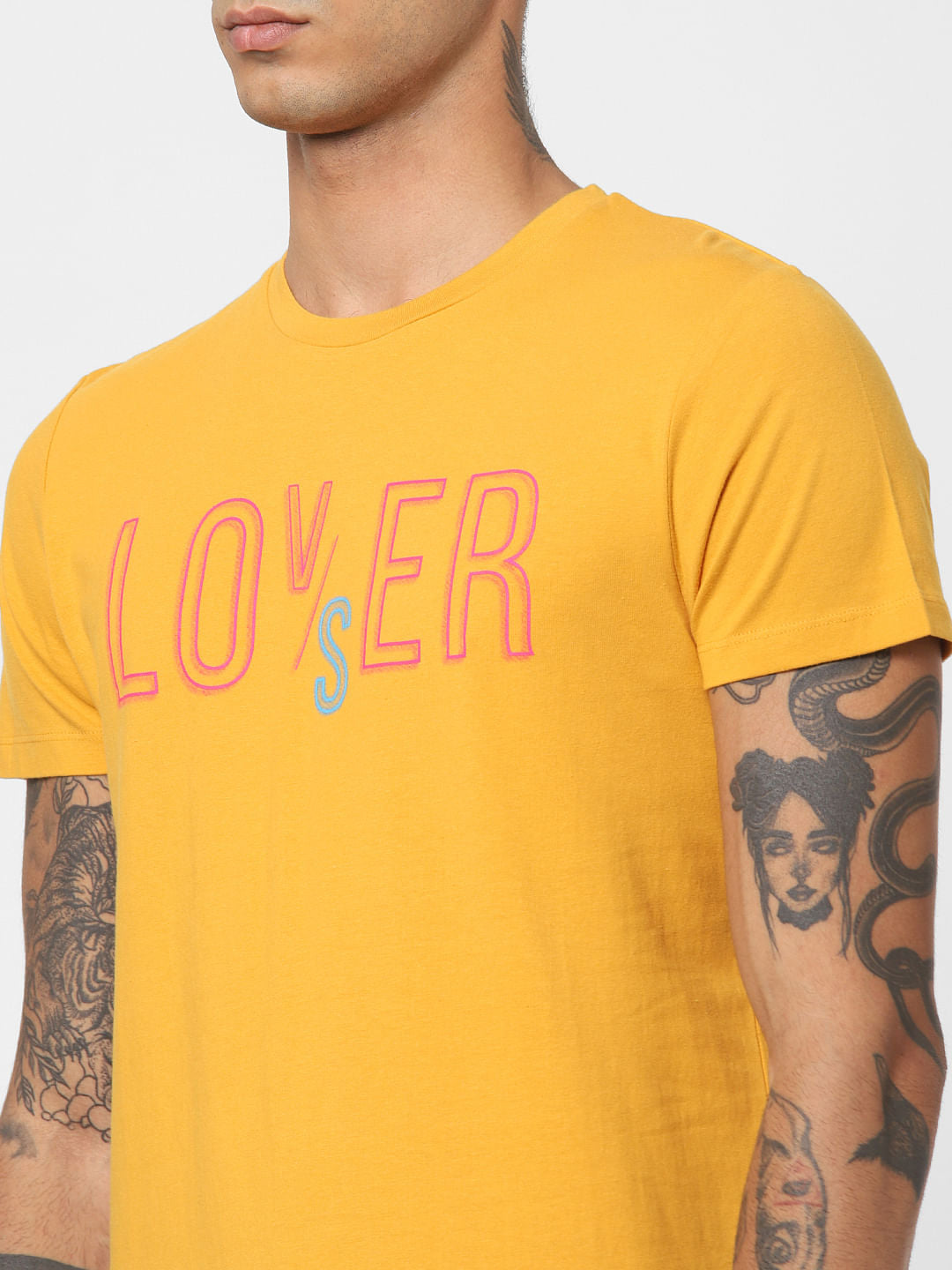 Yellow Text Print Crew Neck T-shirt