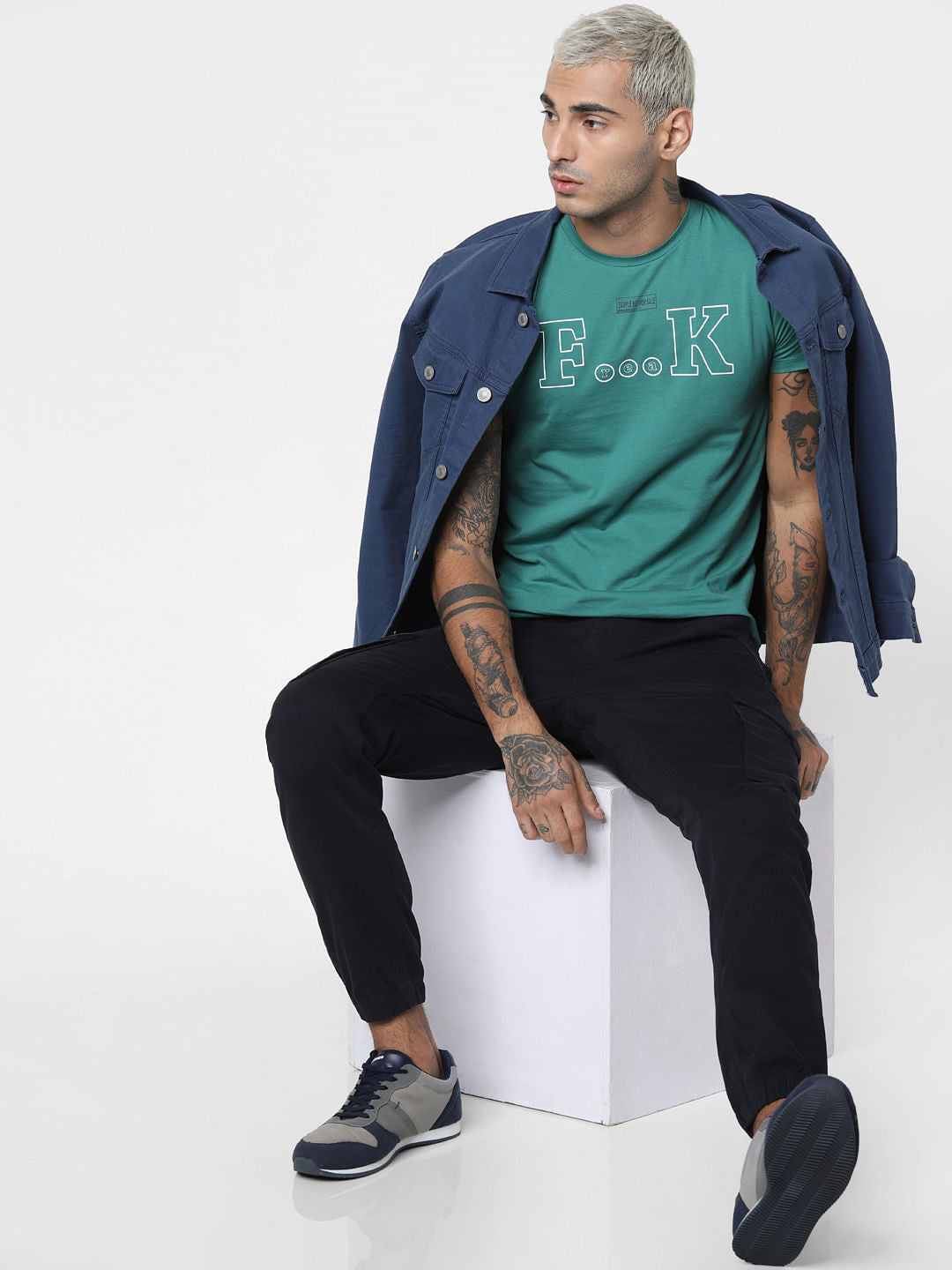 Green Text Print Crew Neck T-shirt - S