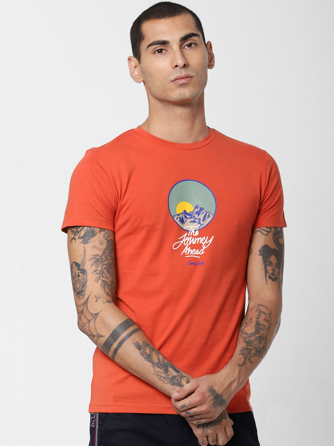 Orange Graphic Print Crew Neck T-shirt