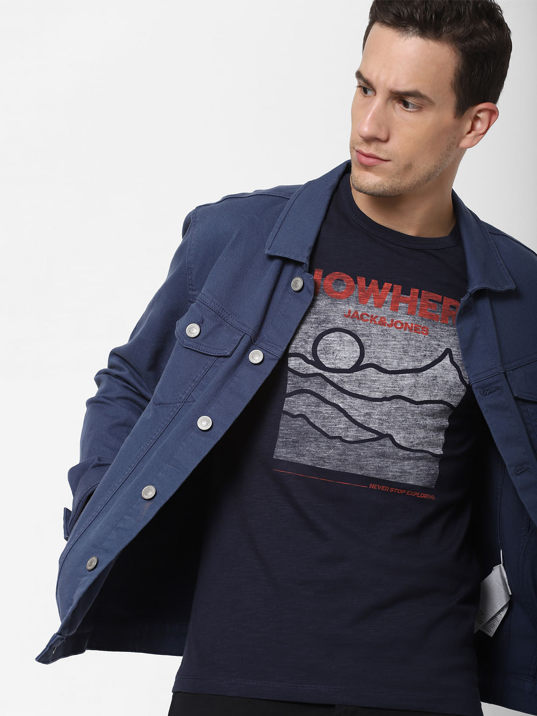 Navy Blue Graphic Print Crew Neck T-shirt - S