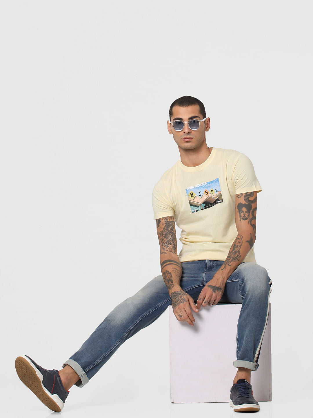 Yellow Typographic Print Crew Neck T-shirt - S