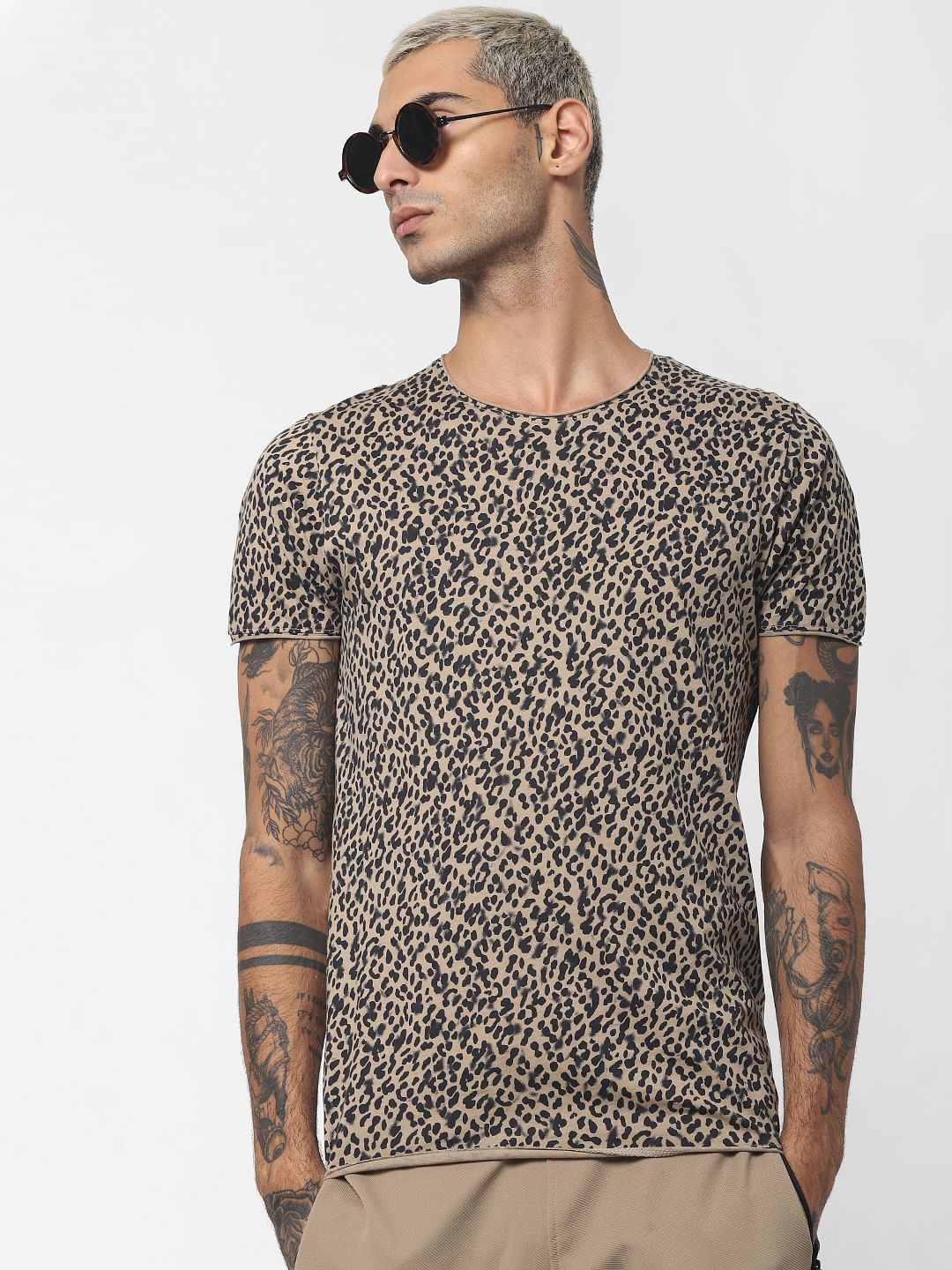 Light Brown Animal Print Crew Neck T-shirt - S