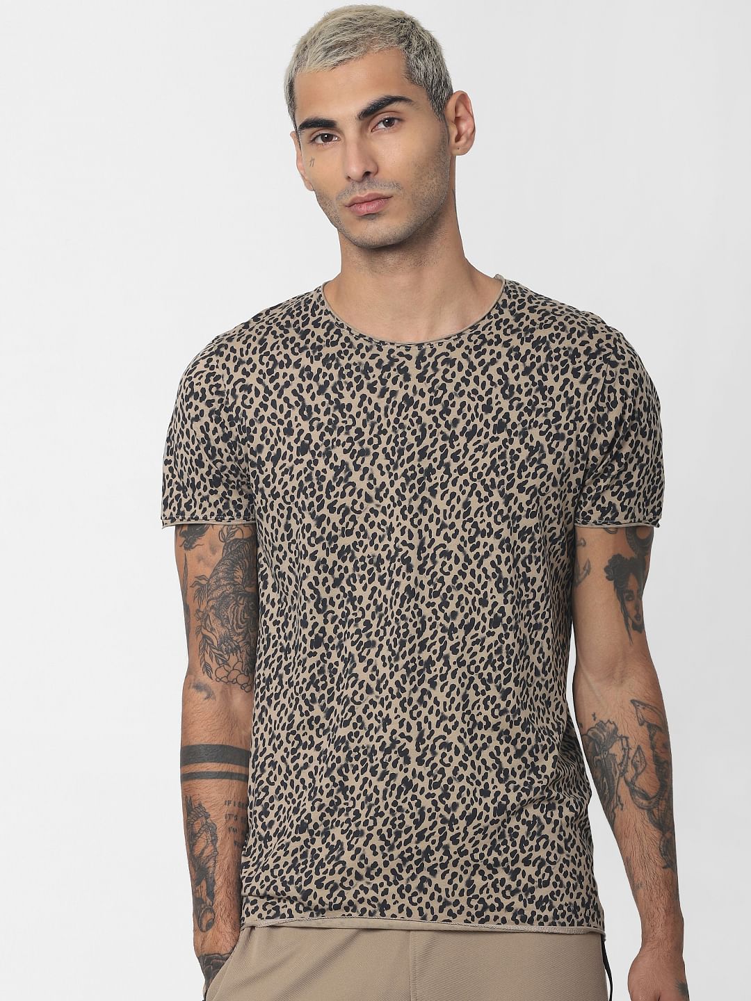 Light Brown Animal Print Crew Neck T-shirt