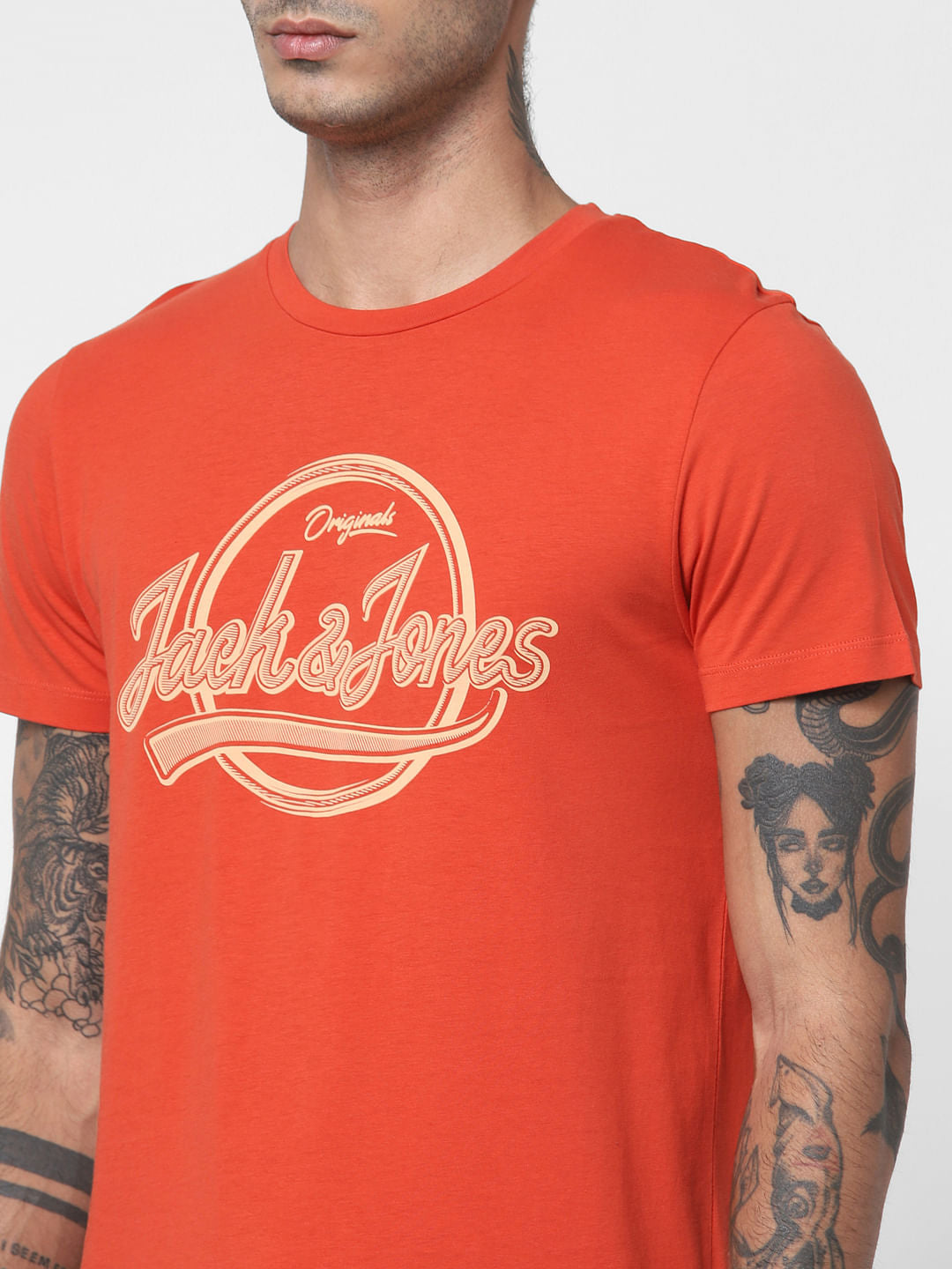 Orange Logo Print Crew Neck T-shirt