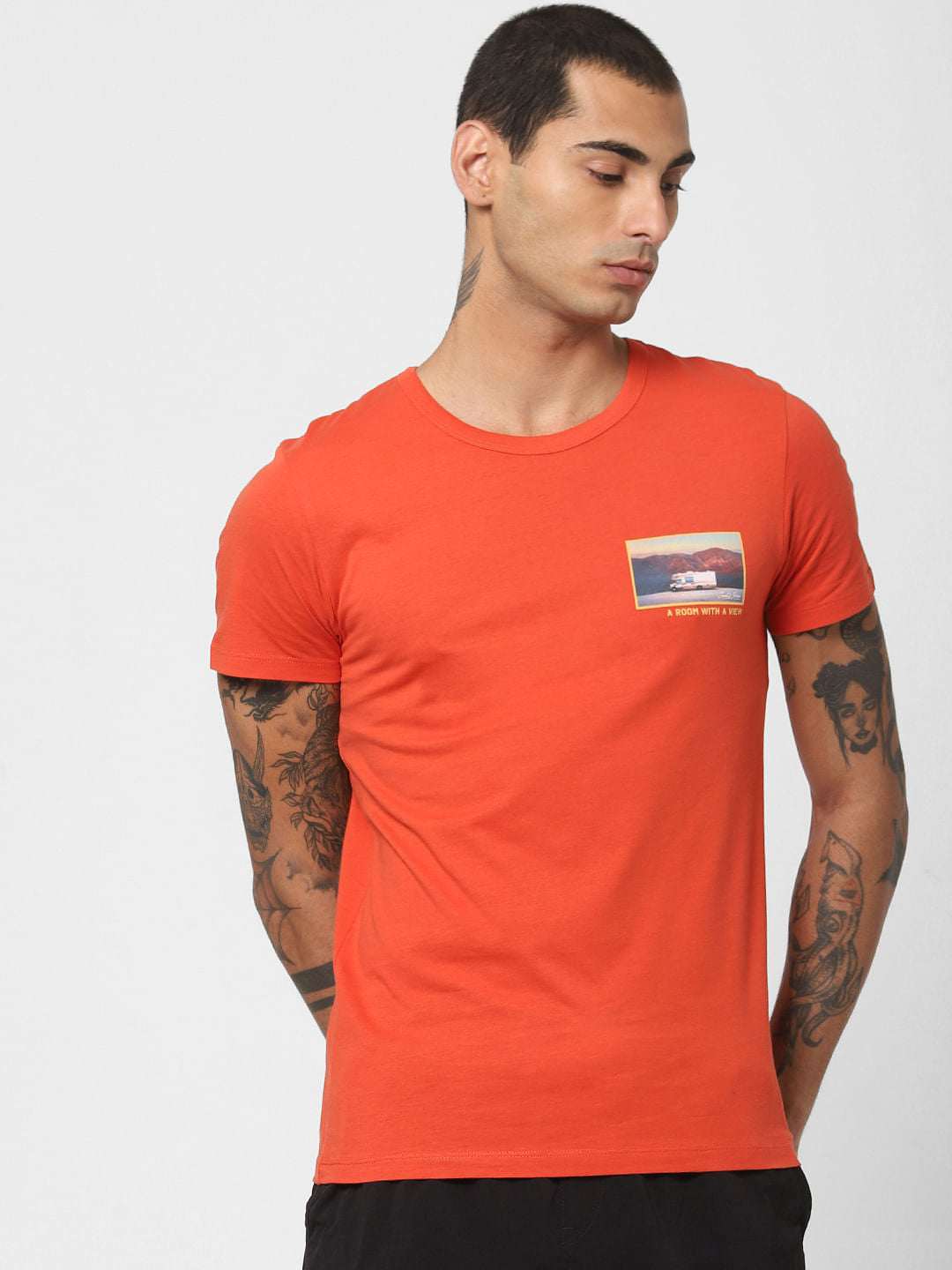 Orange Graphic Print Crew Neck T-shirt