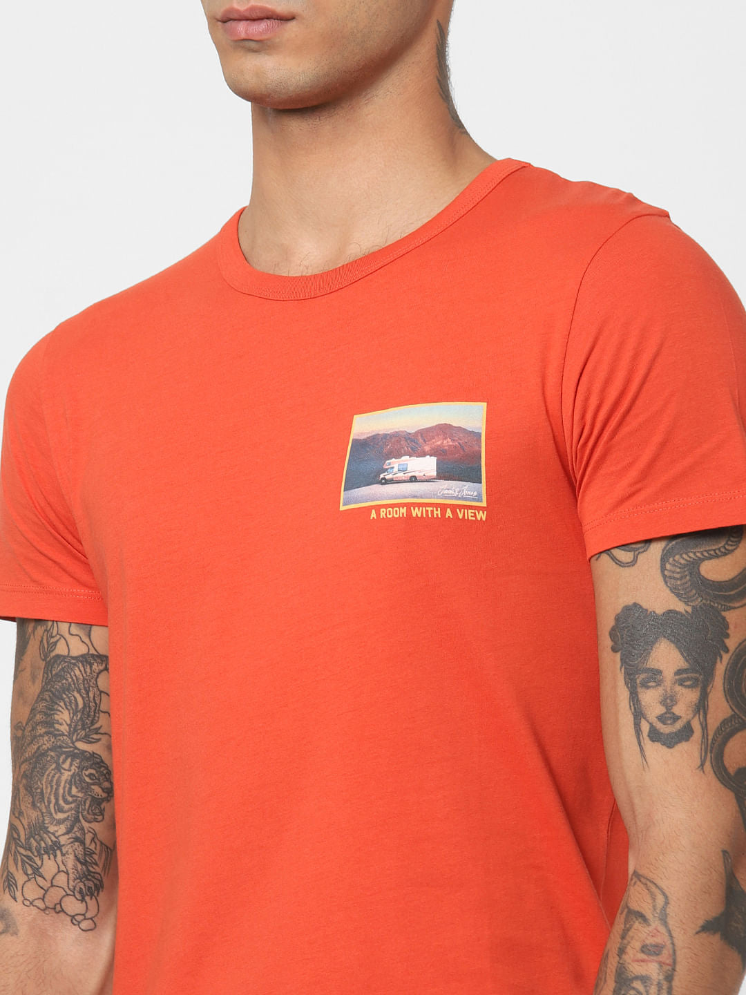 Orange Graphic Print Crew Neck T-shirt