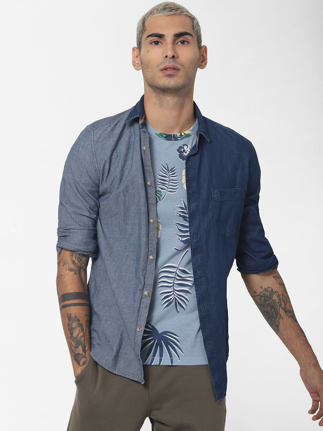 Blue Tropical Print Crew Neck T-shirt - S