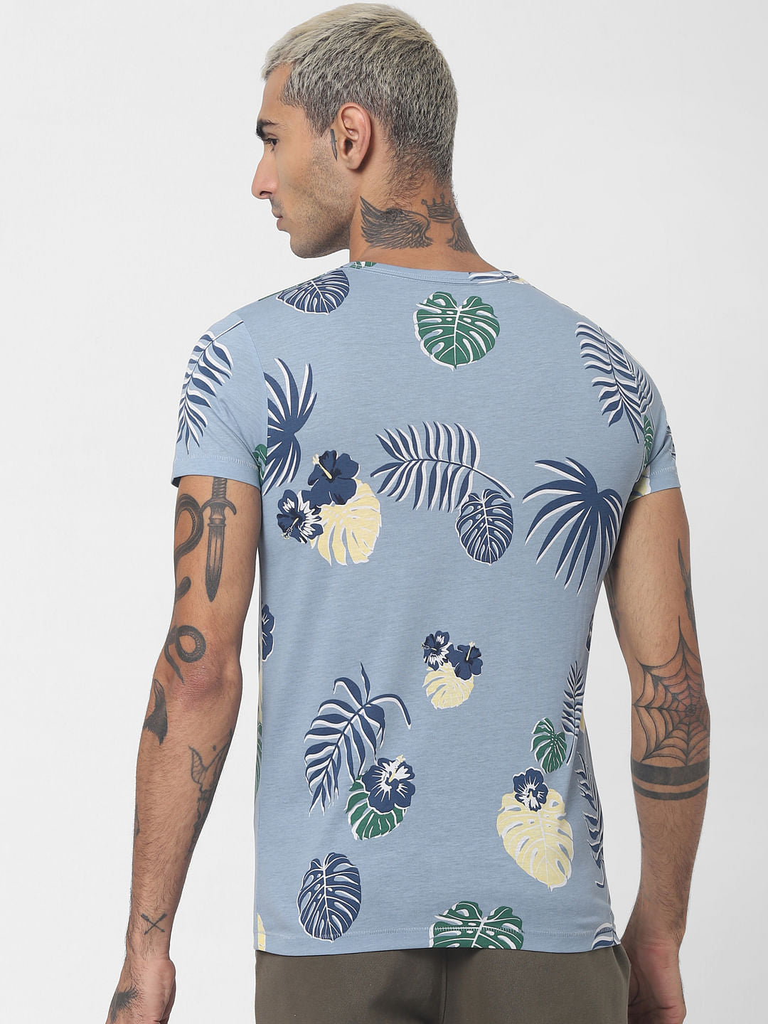 Blue Tropical Print Crew Neck T-shirt