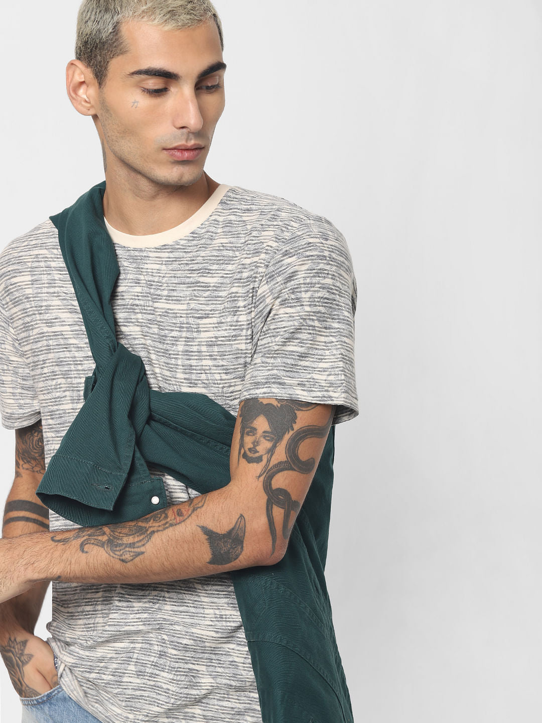 Ecru All Over Print Crew Neck T-shirt - S