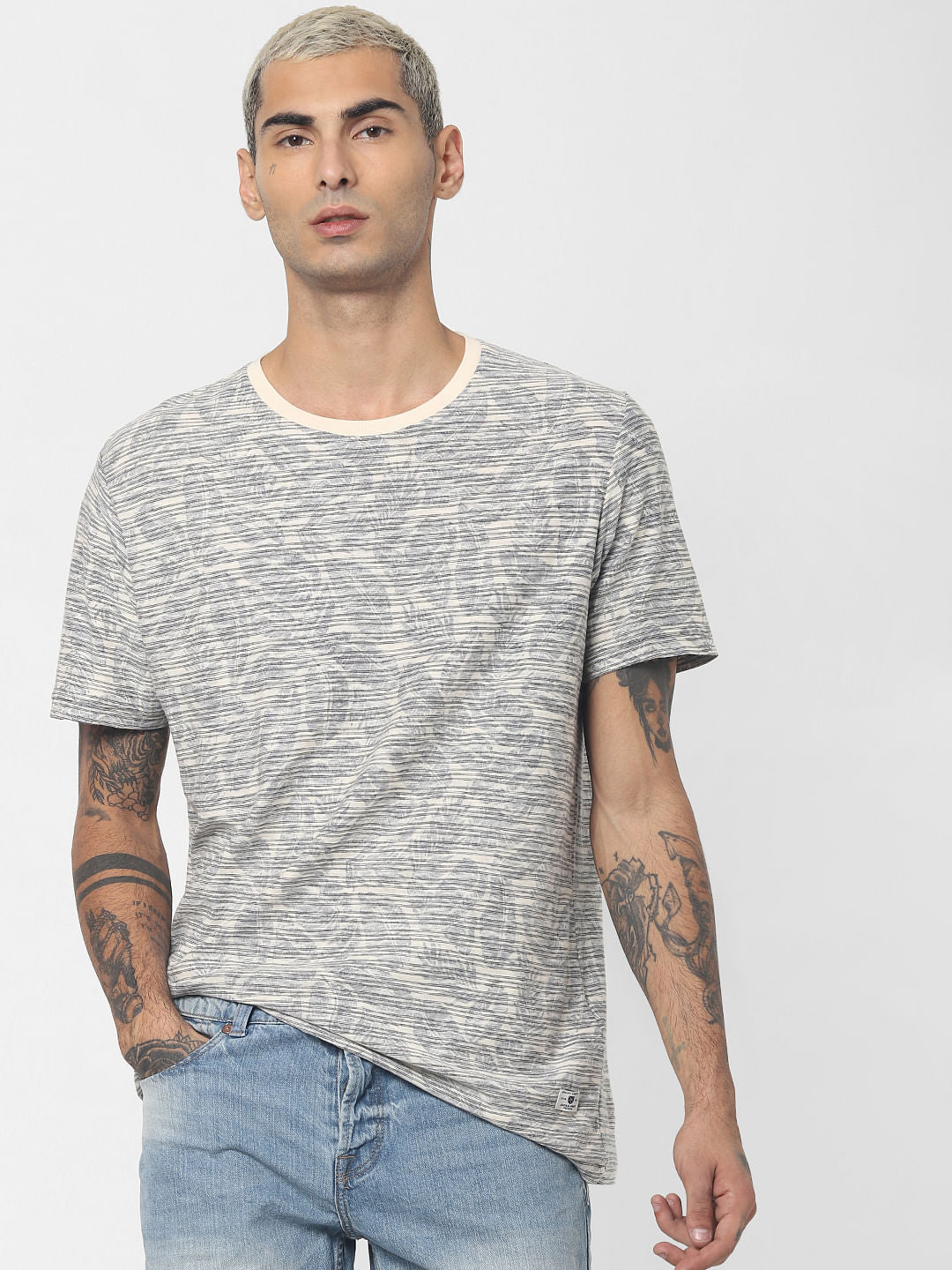 Ecru All Over Print Crew Neck T-shirt