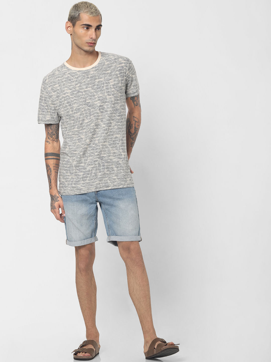 Ecru All Over Print Crew Neck T-shirt