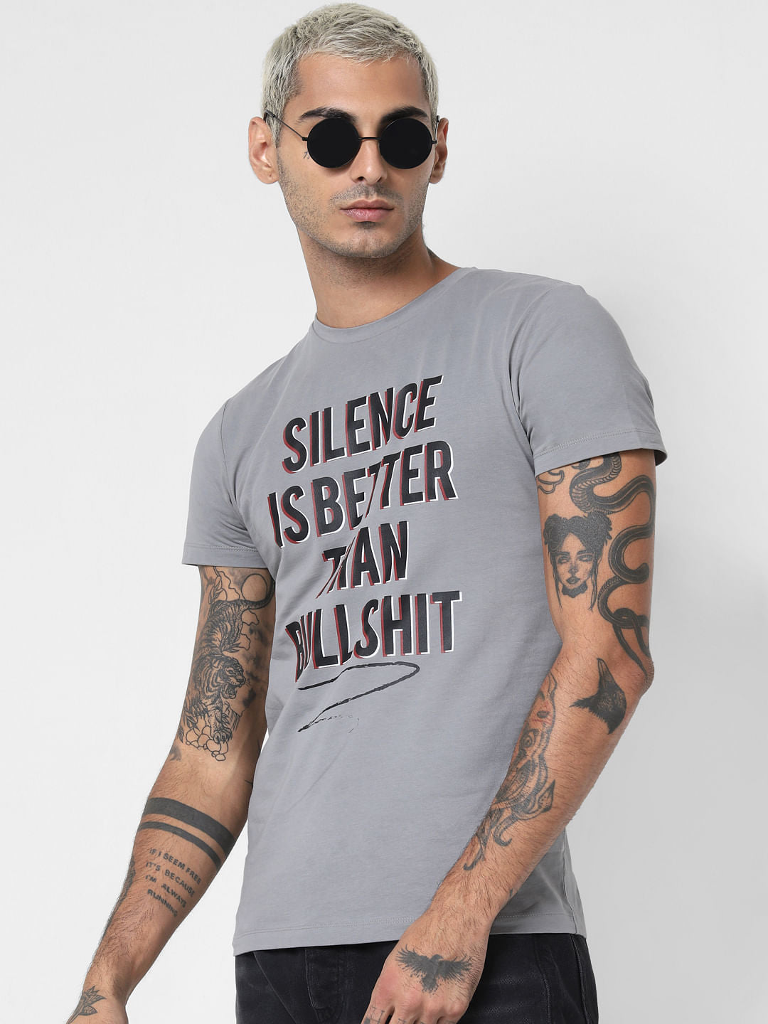 Grey Slogan Print Crew Neck T-shirt - S