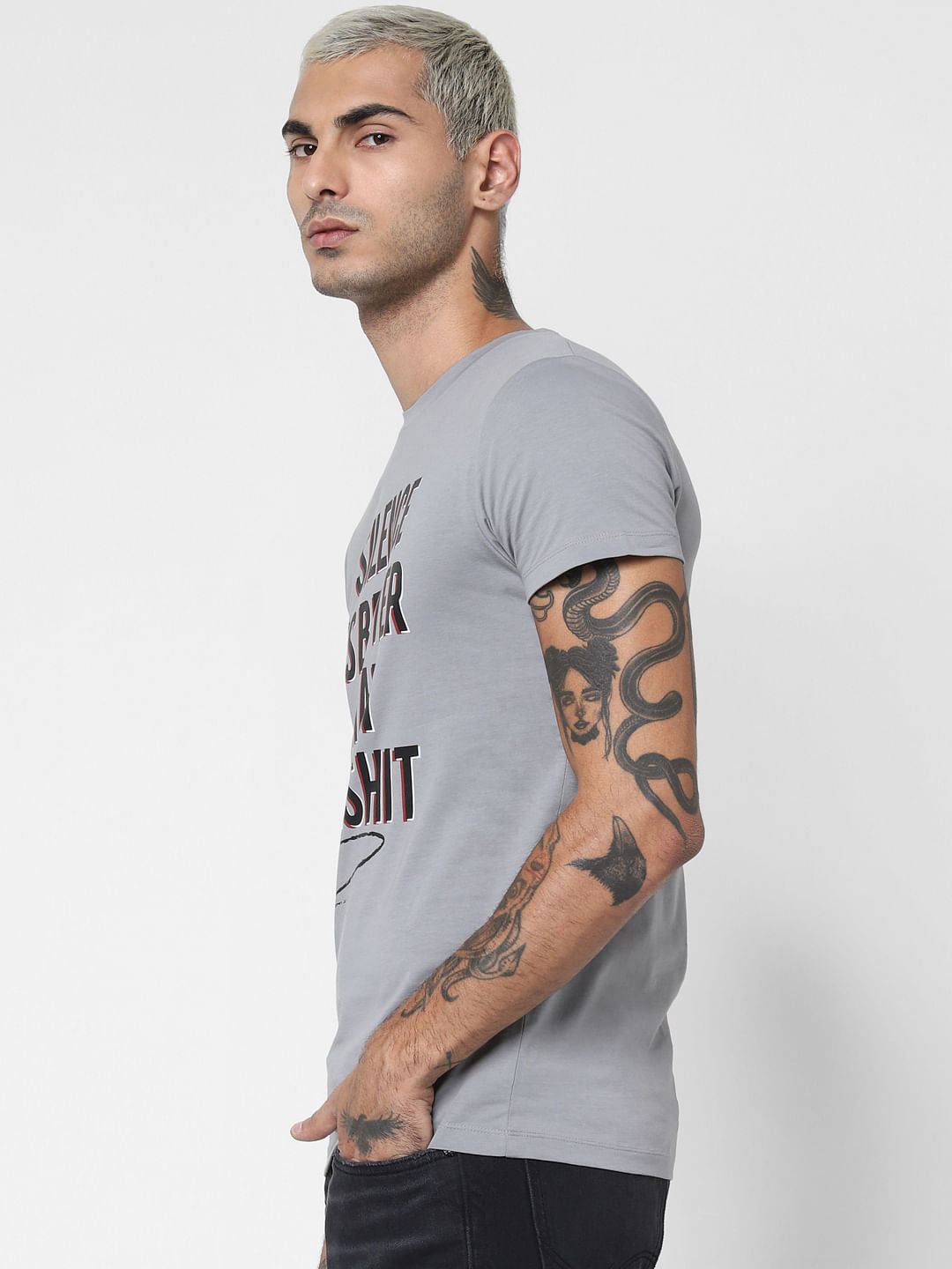 Grey Slogan Print Crew Neck T-shirt