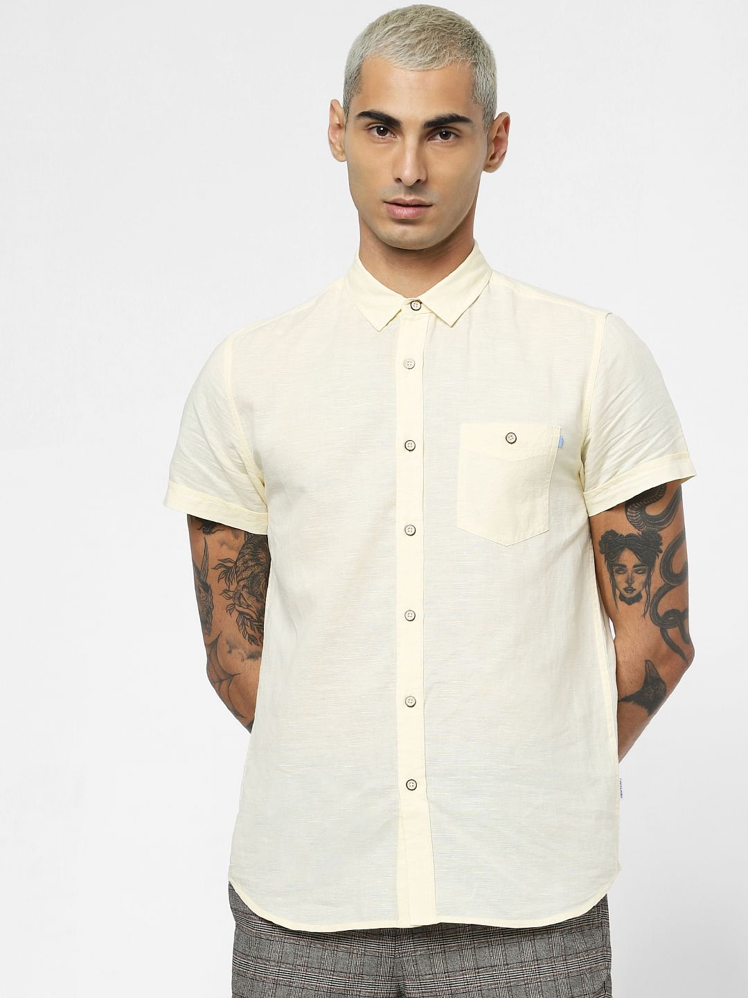 Light Yellow Linen Short Sleeves Shirt