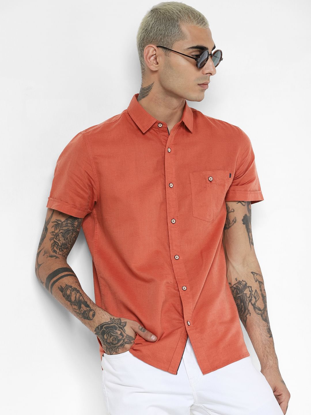 Rust Linen Short Sleeves Shirt - S