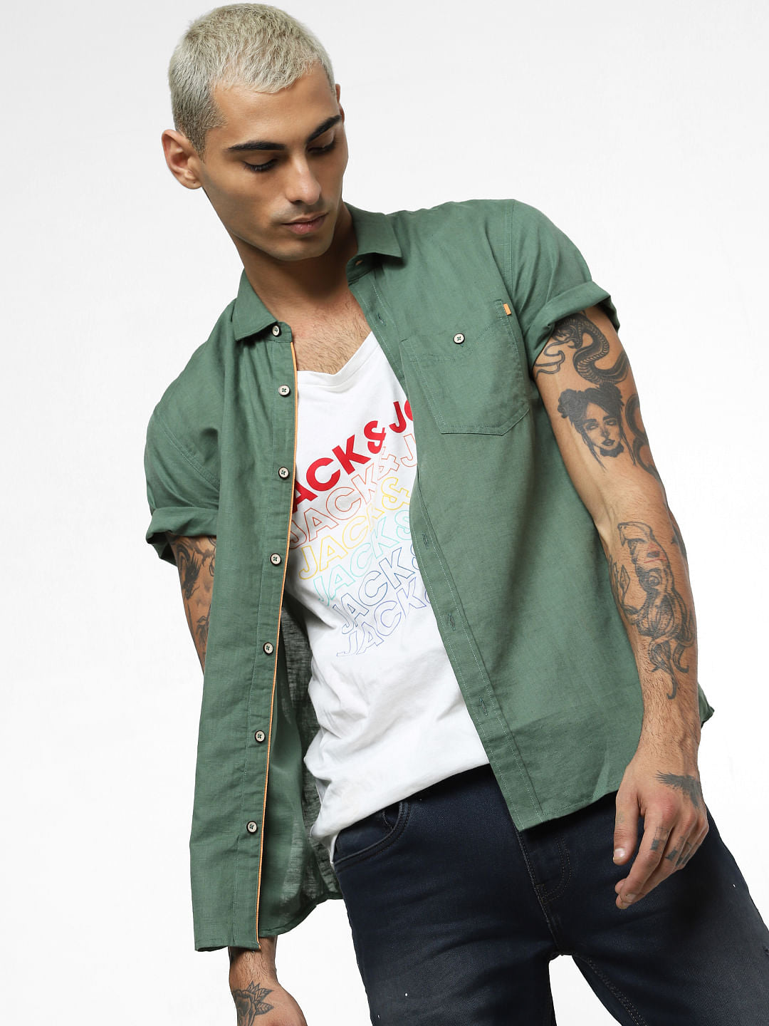 Green Linen Short Sleeves Shirt