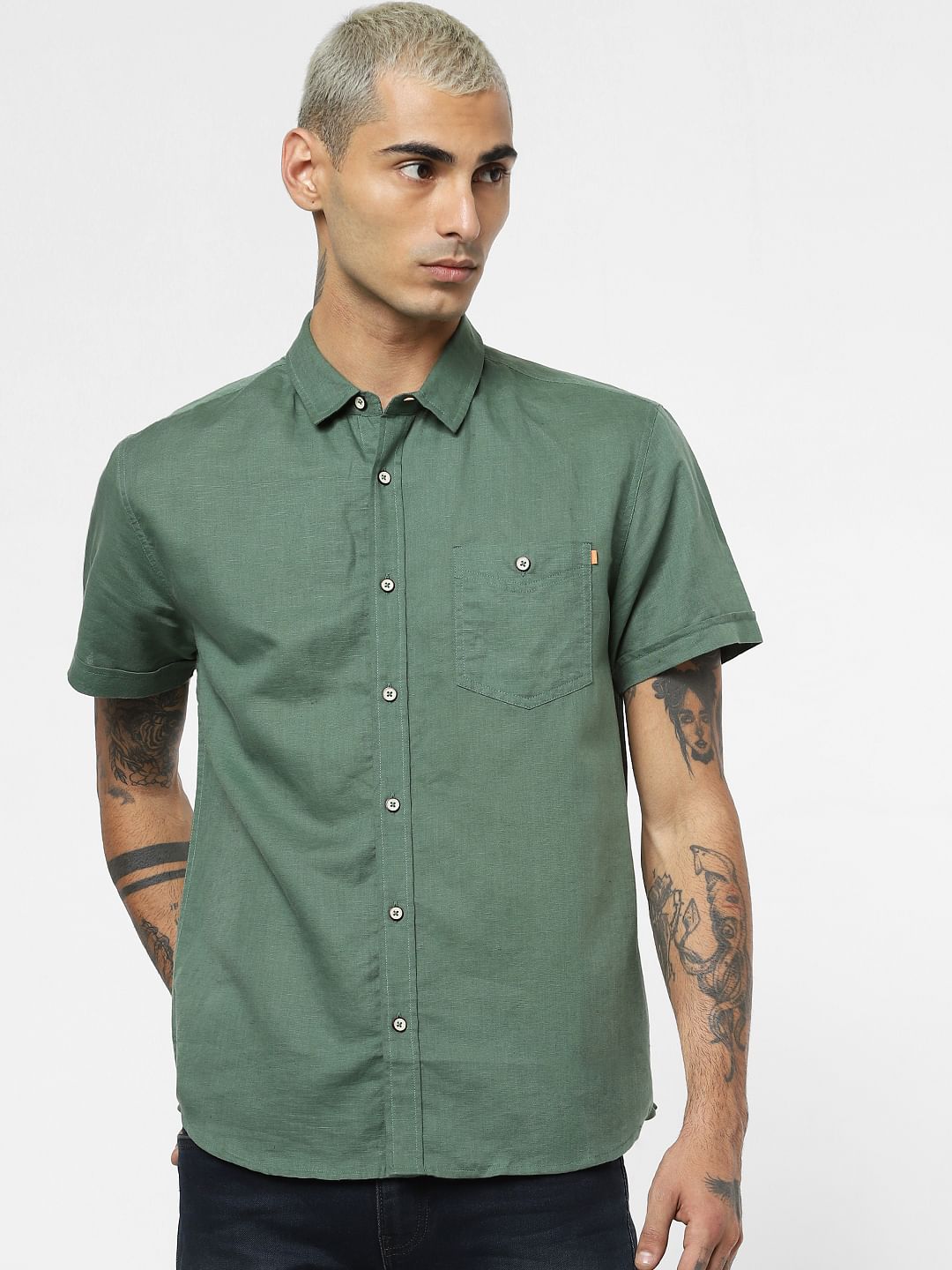 Green Linen Short Sleeves Shirt