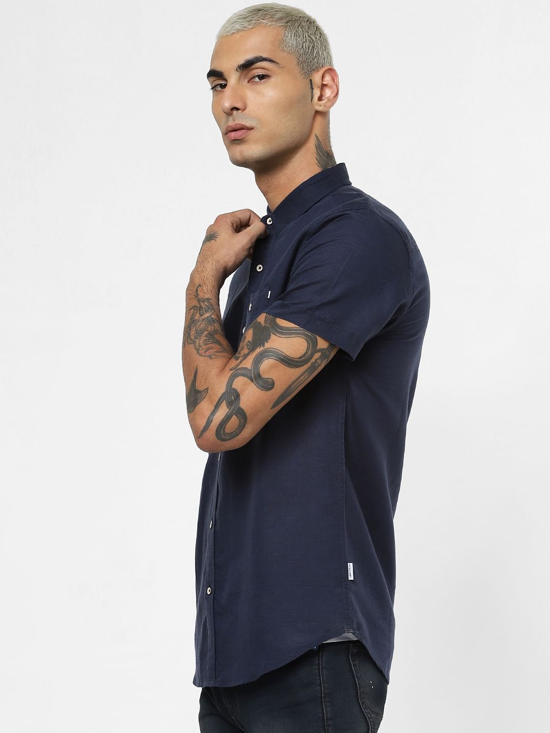 Dark Blue Linen Short Sleeves Shirt