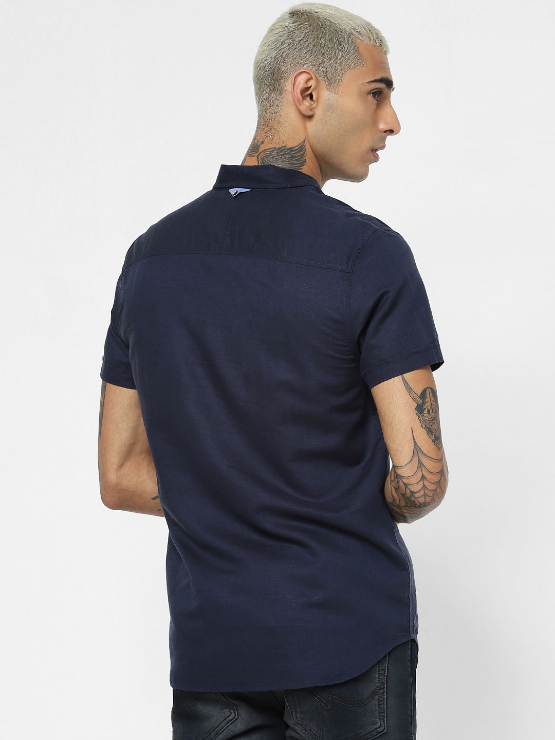 Dark Blue Linen Short Sleeves Shirt