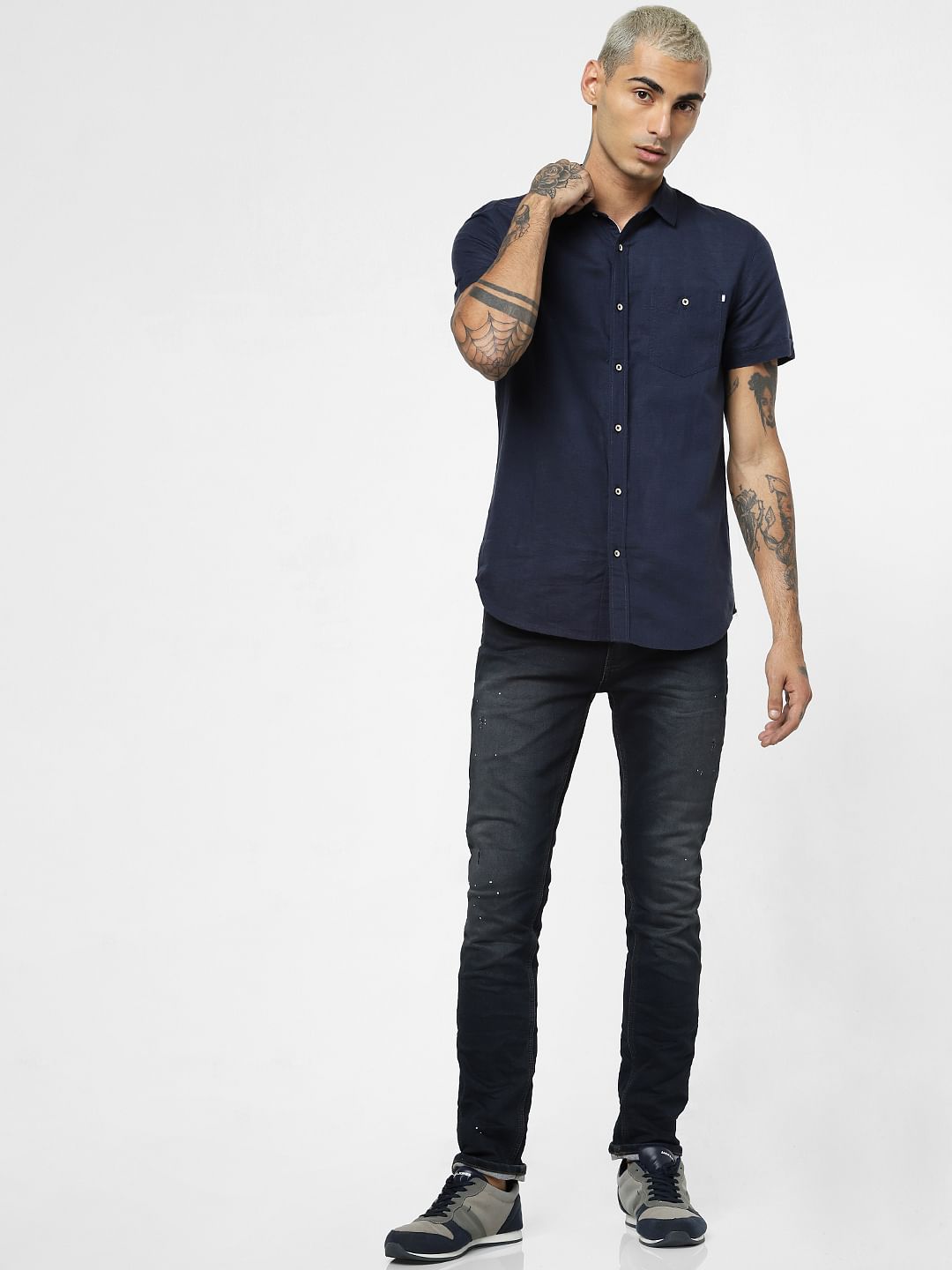 Dark Blue Linen Short Sleeves Shirt