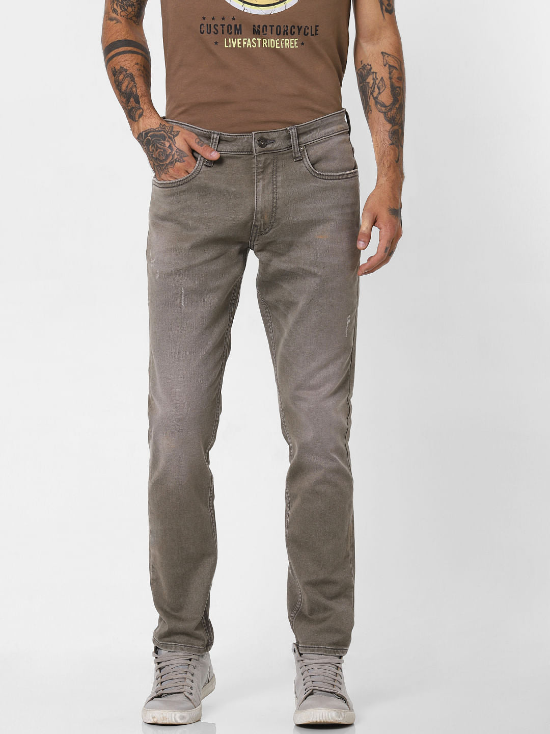 Taupe Low Rise Heavily Washed Slim Fit Jeans - 28/30