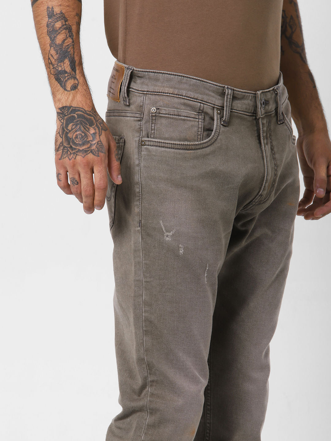 Taupe Low Rise Heavily Washed Slim Fit Jeans