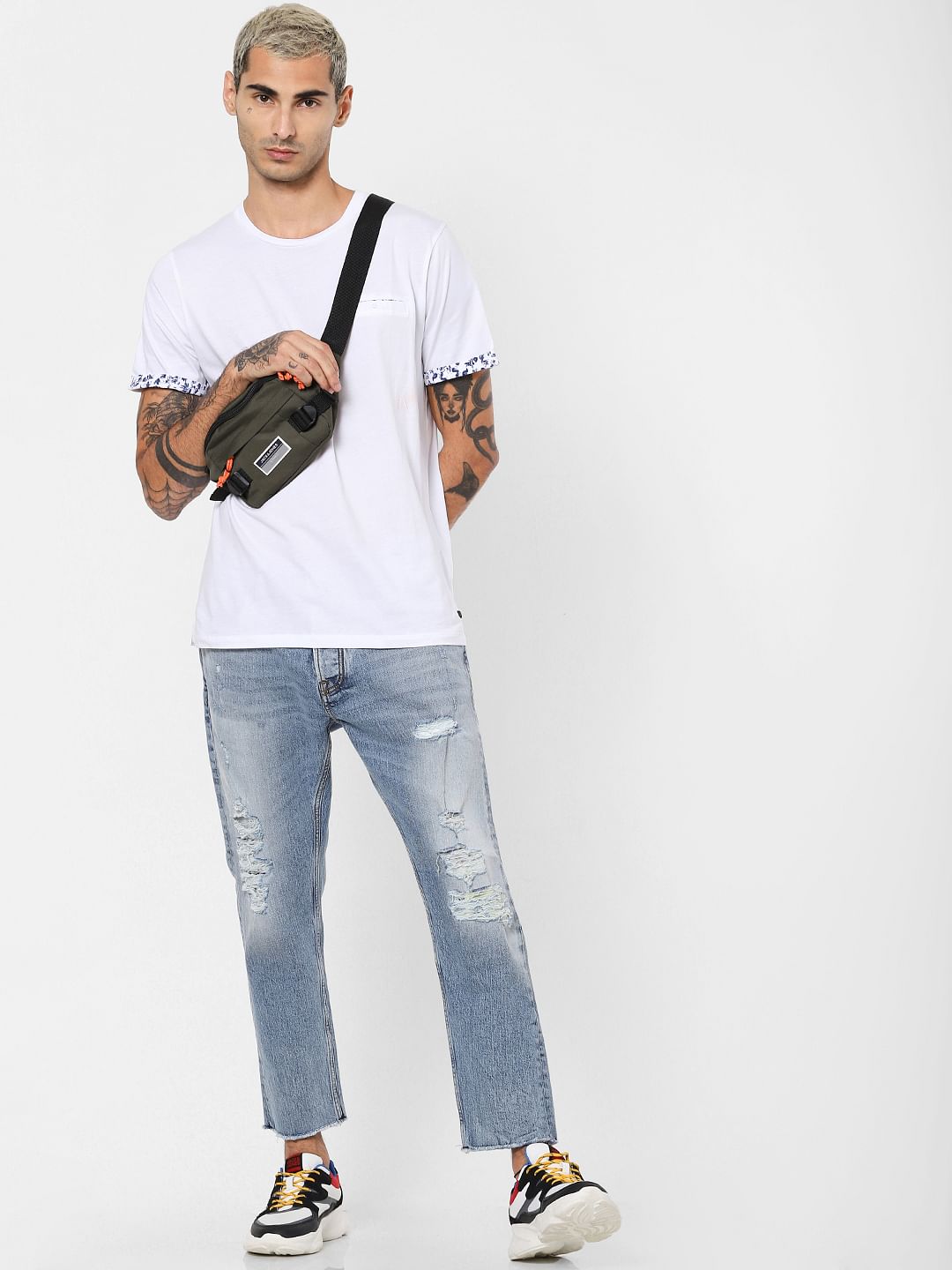 Blue Mid Rise Distressed Frank Anti Fit Jeans