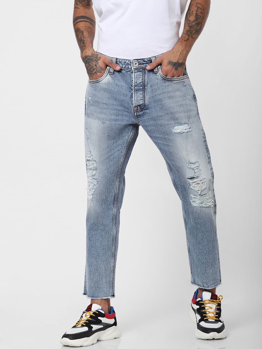 Blue Mid Rise Distressed Frank Anti Fit Jeans