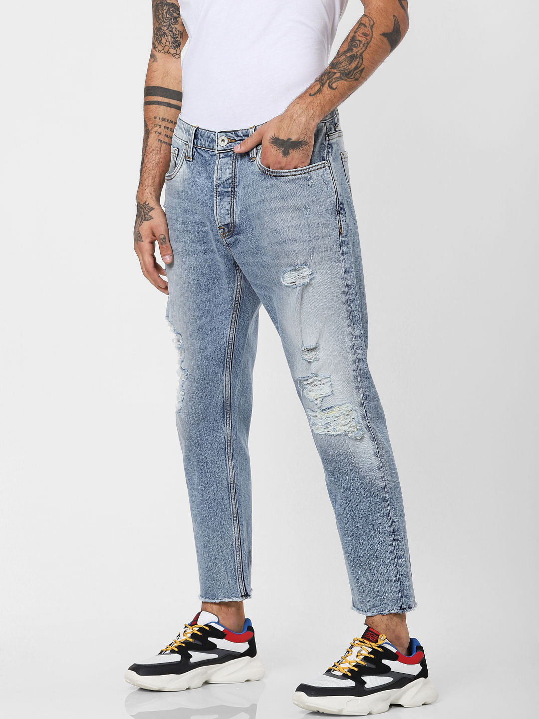 Blue Mid Rise Distressed Frank Anti Fit Jeans