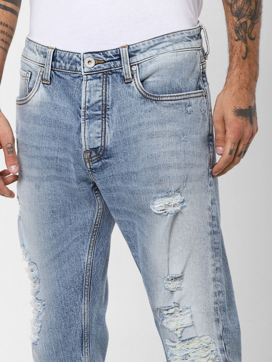 Blue Mid Rise Distressed Frank Anti Fit Jeans