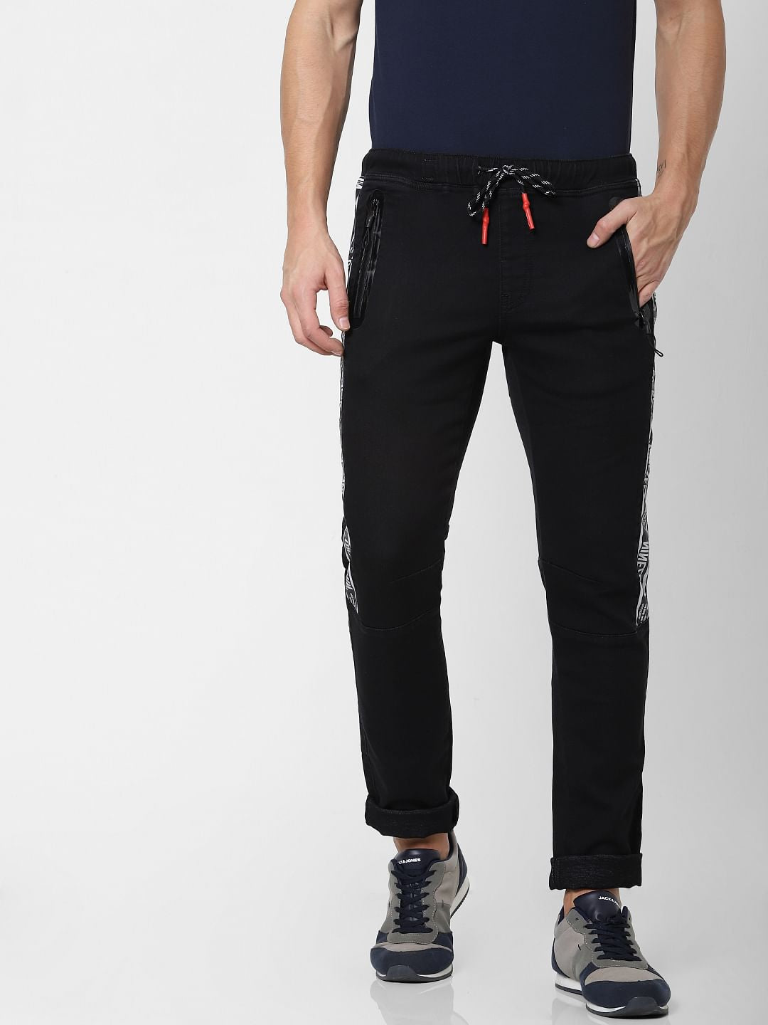 Black Low Rise Tape Detail Glenn Slim Fit Jeans