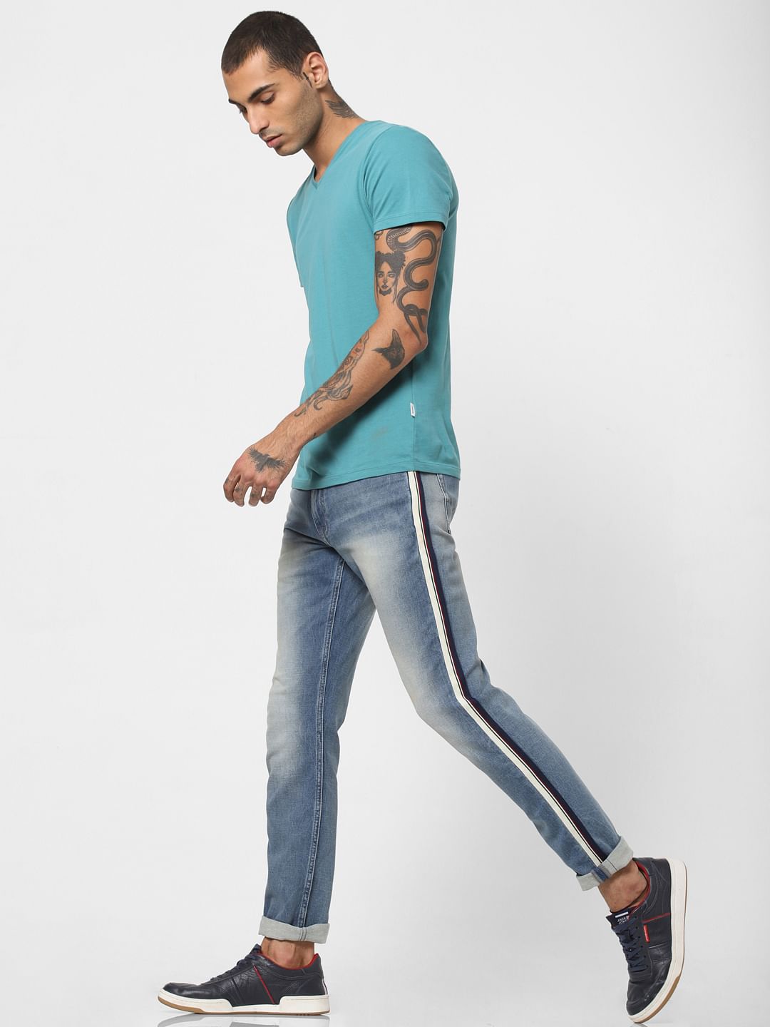 Light Blue Low Rise Tape Detail Glenn Slim Jeans - 28/30