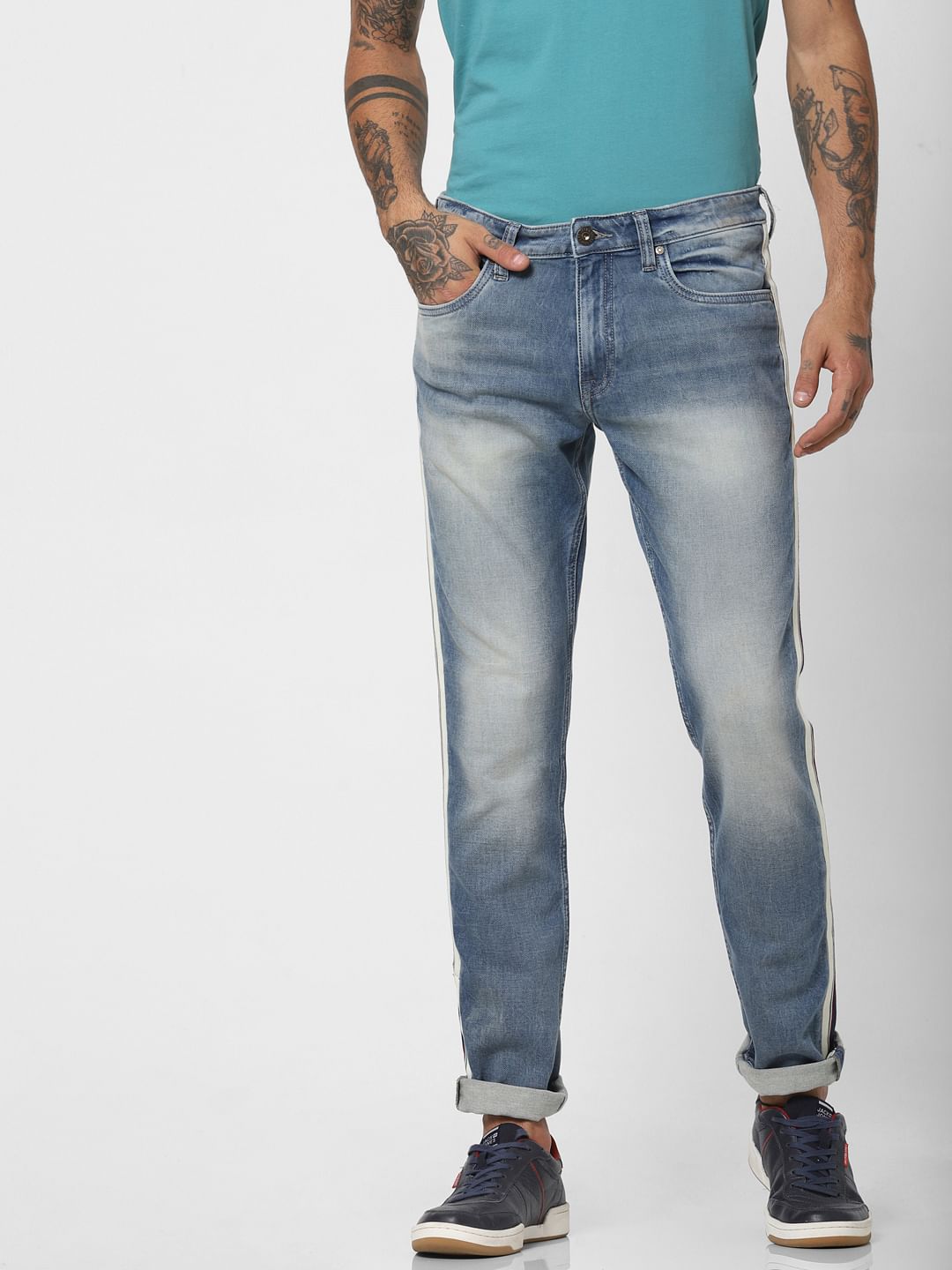 Light Blue Low Rise Tape Detail Glenn Slim Jeans