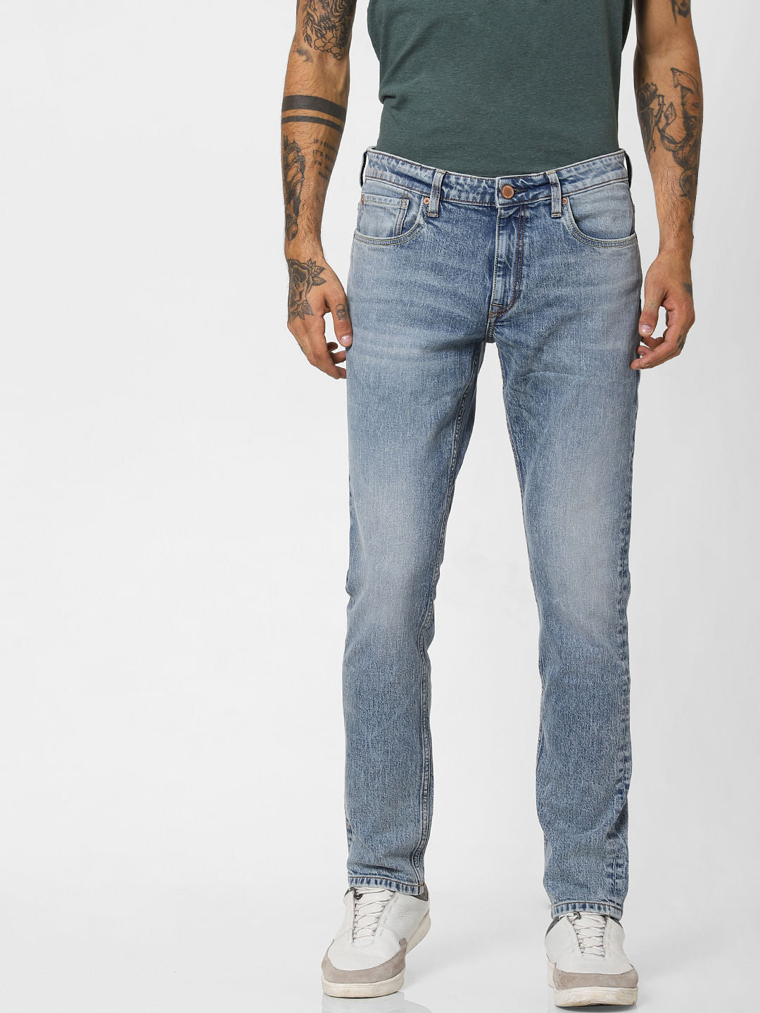 Light Blue Low Rise Heavily Washed Slim Fit Jeans - 28/30