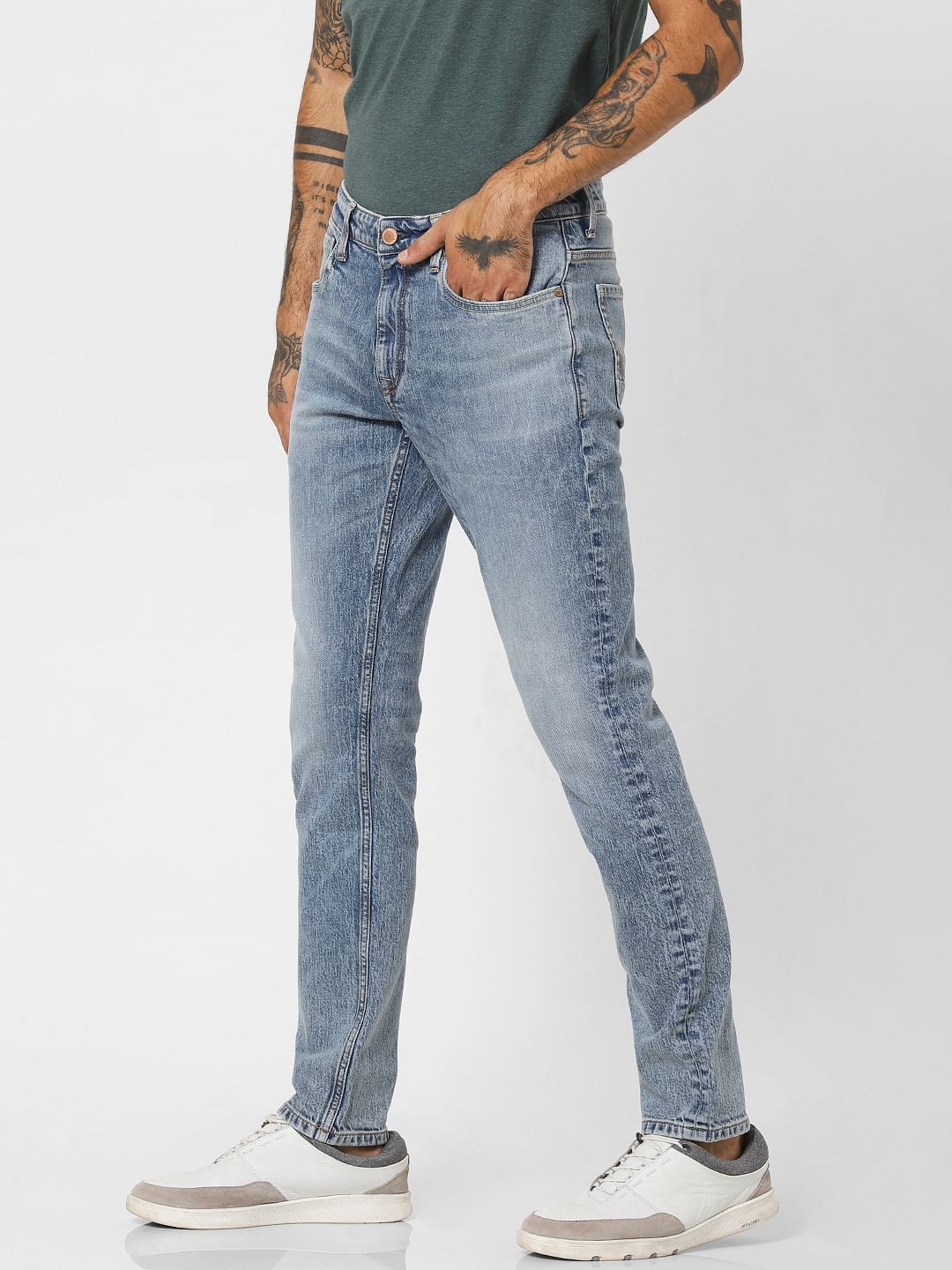Light Blue Low Rise Heavily Washed Slim Fit Jeans