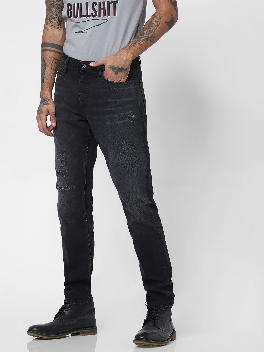 Black Low Rise Heavily Washed Tim Anti Fit Jeans - 28/30