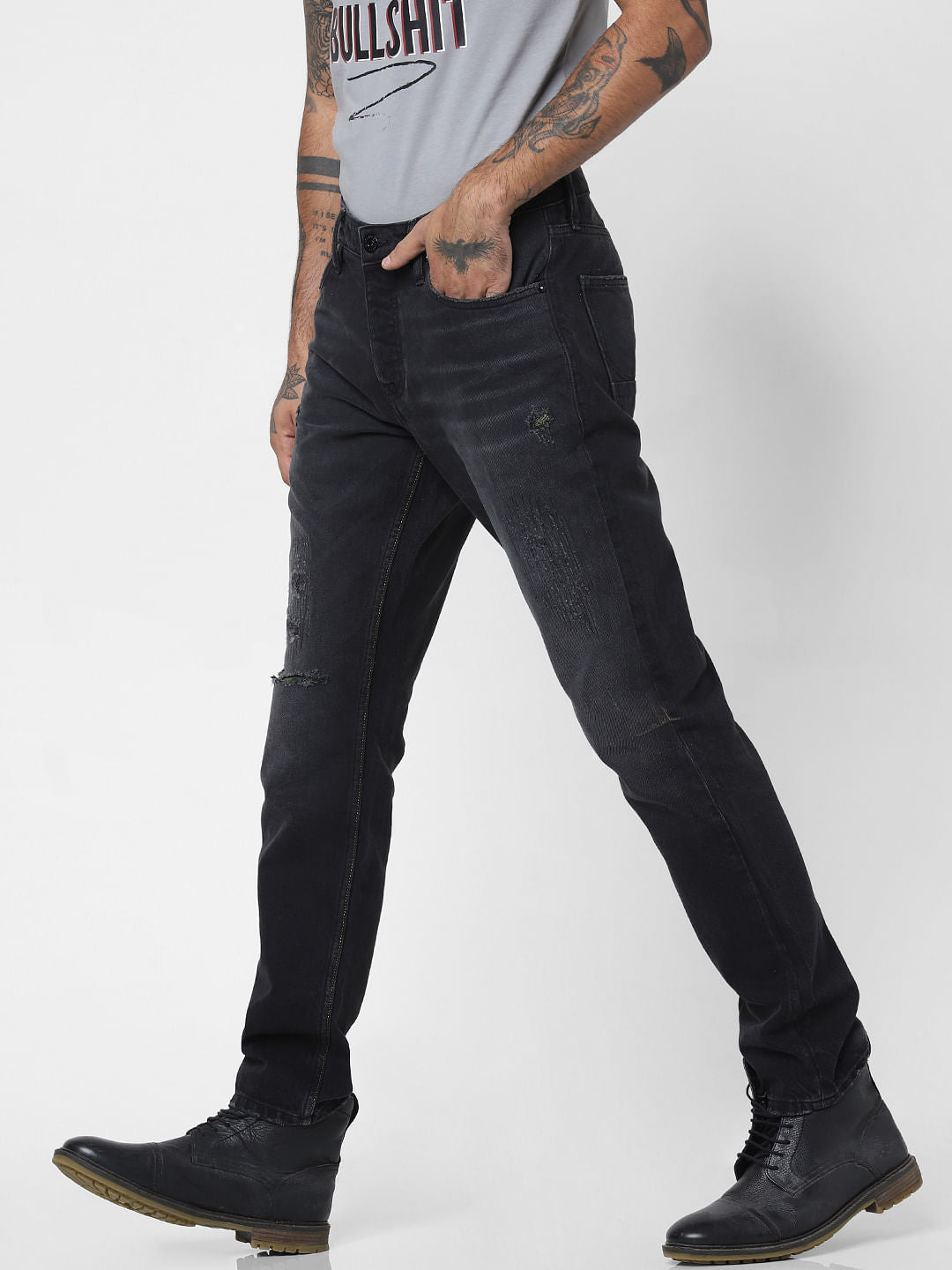 Black Low Rise Heavily Washed Tim Anti Fit Jeans