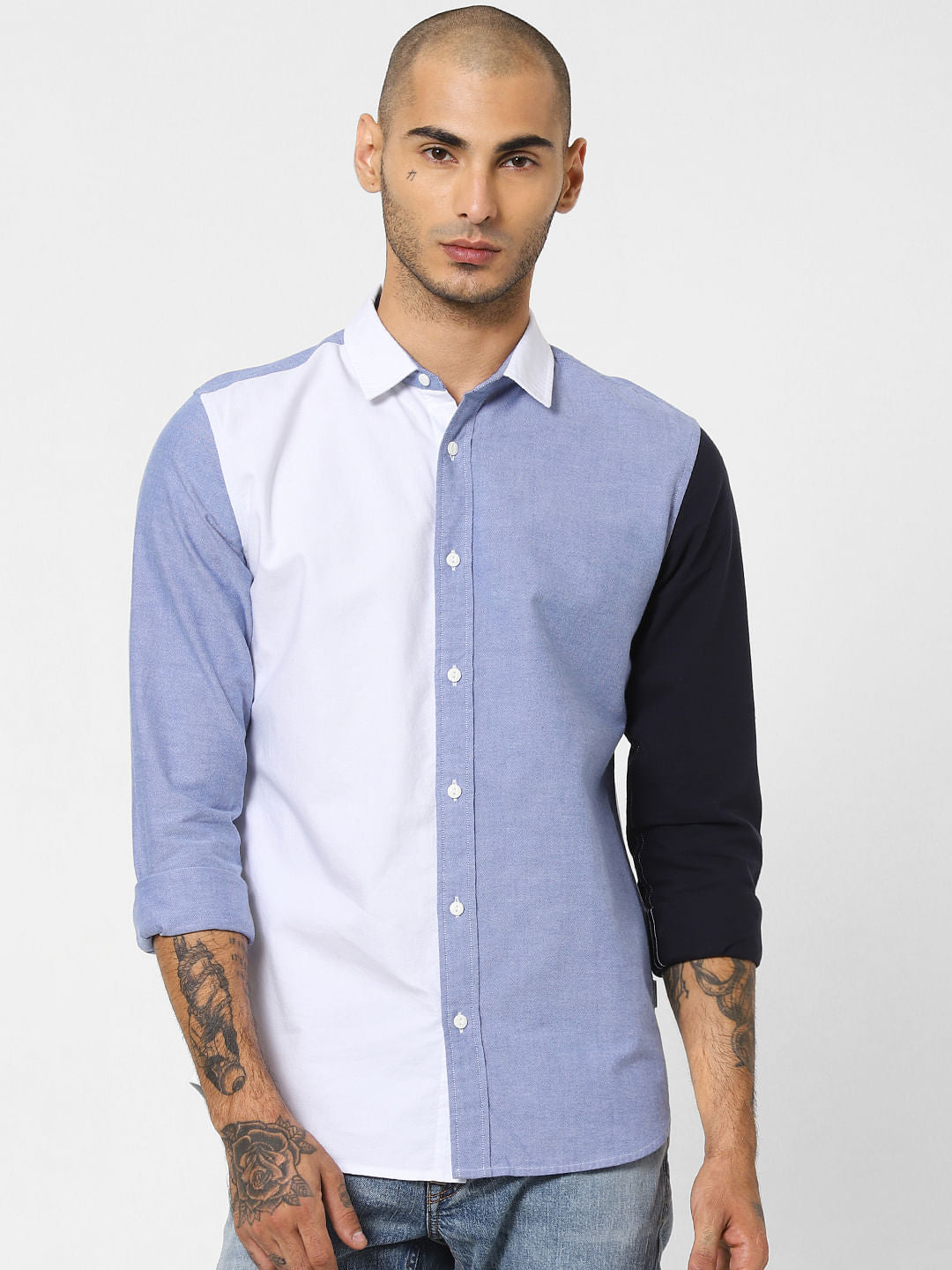 White Colourblocked Full Sleeves Shirt